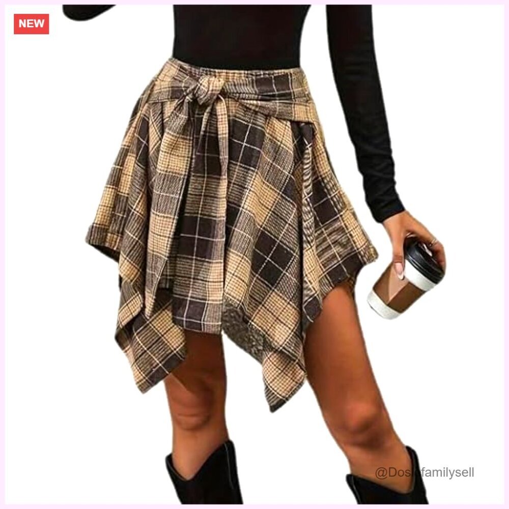 High Waisted Asymmetrical Hem Plaid Mini Skirt Elastic Waist A-Line Flared - Picture 1 of 4